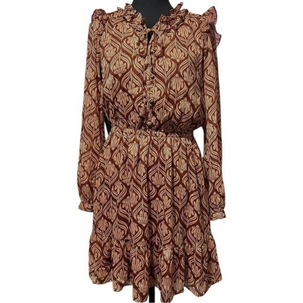 LC Lauren Conrad Floral Ruffle Dress Long Sleeve Shimmer Medium Boho - Picture 2 of 12